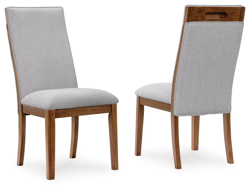 Set of two beige and brown upholstered dining side chairs by Signature Design by Ashley, showcasing cushioned seats and wooden legs.