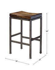 Industrial-style Beck counter height bar stool by Uttermost, featuring a sturdy metal frame and wooden seat, suitable for modern kitchens.