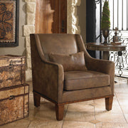 Dark brown leather armchair from Uttermost featuring a classic leather armchair design with plush cushioning.