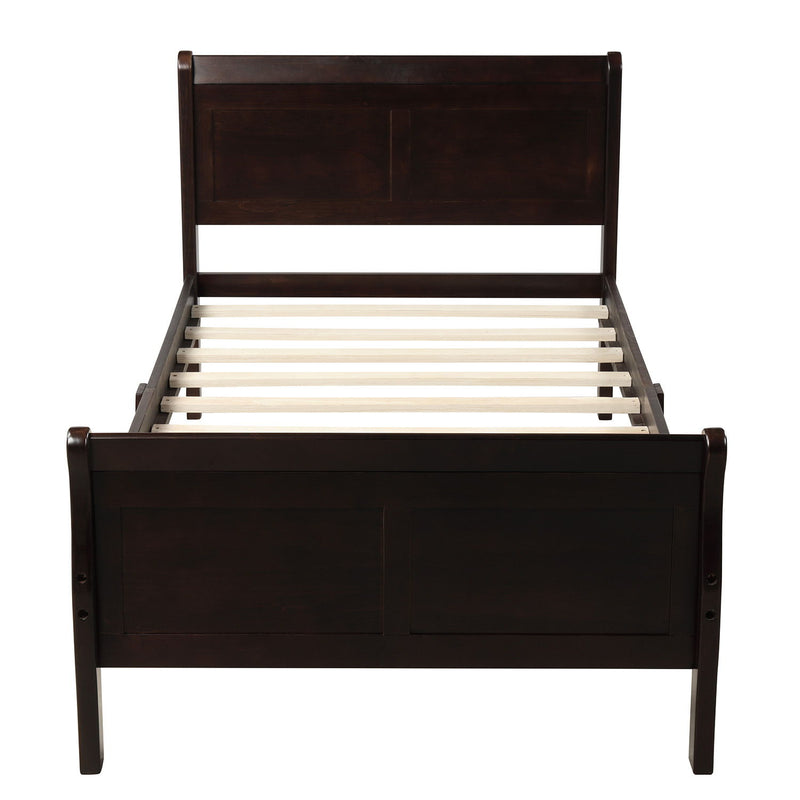 DreamHaus platform bed frame with wood slat support, sleigh-style headboard and footboard, designed for mattress foundation.