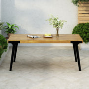Noble House acacia wood patio dining table, 69-inch rectangular outdoor table with teak finish and black legs, ideal for outdoor dining.