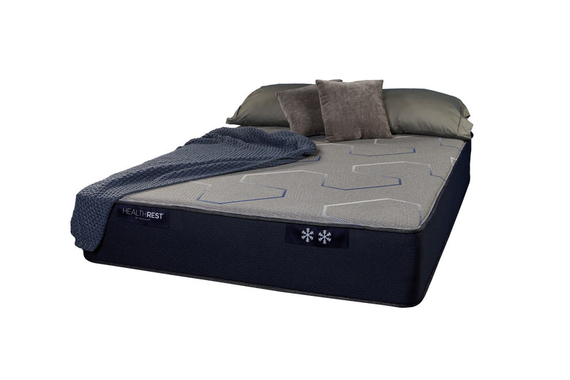 Restonic Mattress HealthRest PolarBreeze hybrid mattress showing plush top surface and supportive edges in a well-lit bedroom setting.