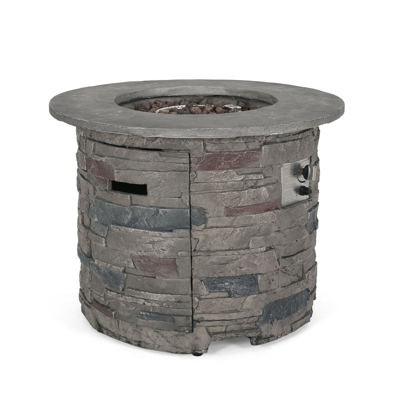 Transitional Outdoor 32" Round Propane Fire Pit Table, Lightweight Concrete Construction - Stone Gray - R&R Furniture Gallery (Fountain Valley, CA)