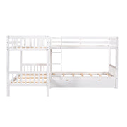 DreamHaus L-shaped bunk bed with built-in drawers, featuring a sturdy wooden frame and space-saving design for kids' bedroom.