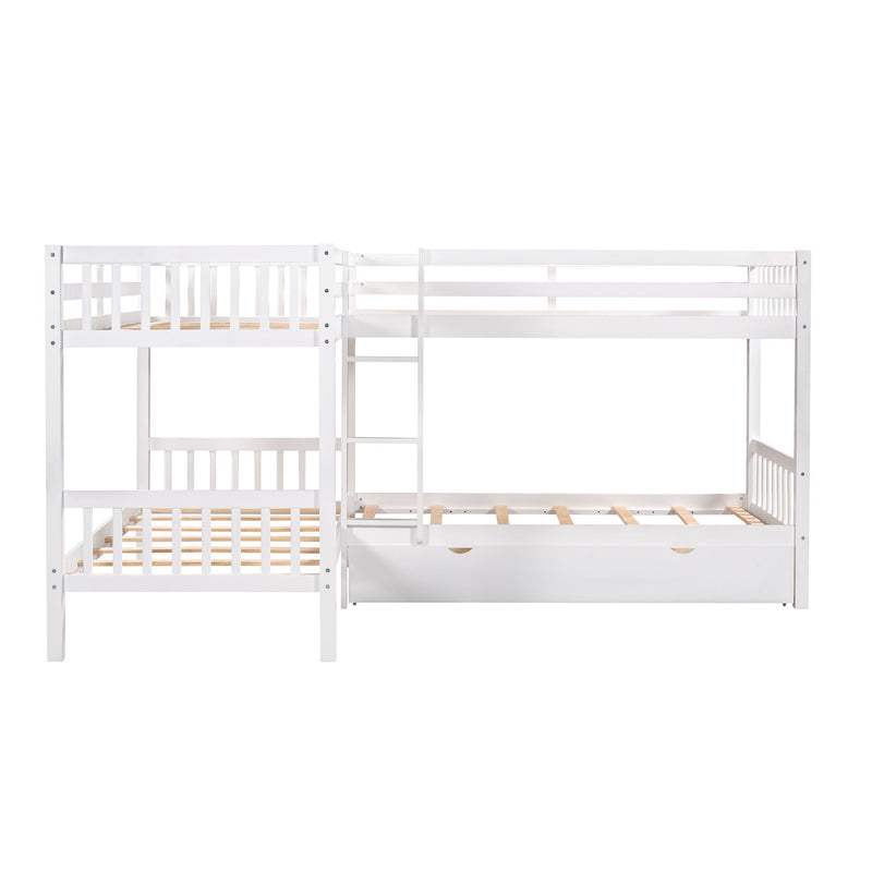 DreamHaus L-shaped bunk bed with built-in drawers, featuring a sturdy wooden frame and space-saving design for kids' bedroom.