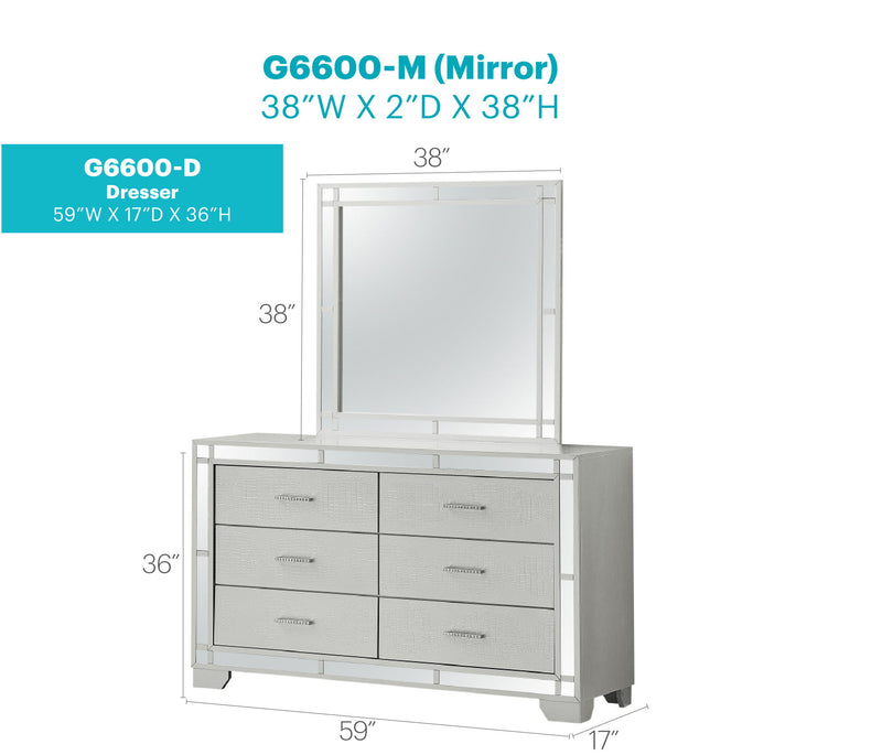 Silver Champagne Madison dresser by Glory Furniture featuring a sleek, modern design with multiple drawers for ample storage.