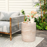 Beige lightweight concrete side table with travertine top by Noble House, suitable for indoor or outdoor use.