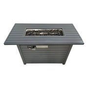 Gray propane outdoor fire pit table with lid, LSI Patio Furniture, featuring a modern design and a spacious top surface.
