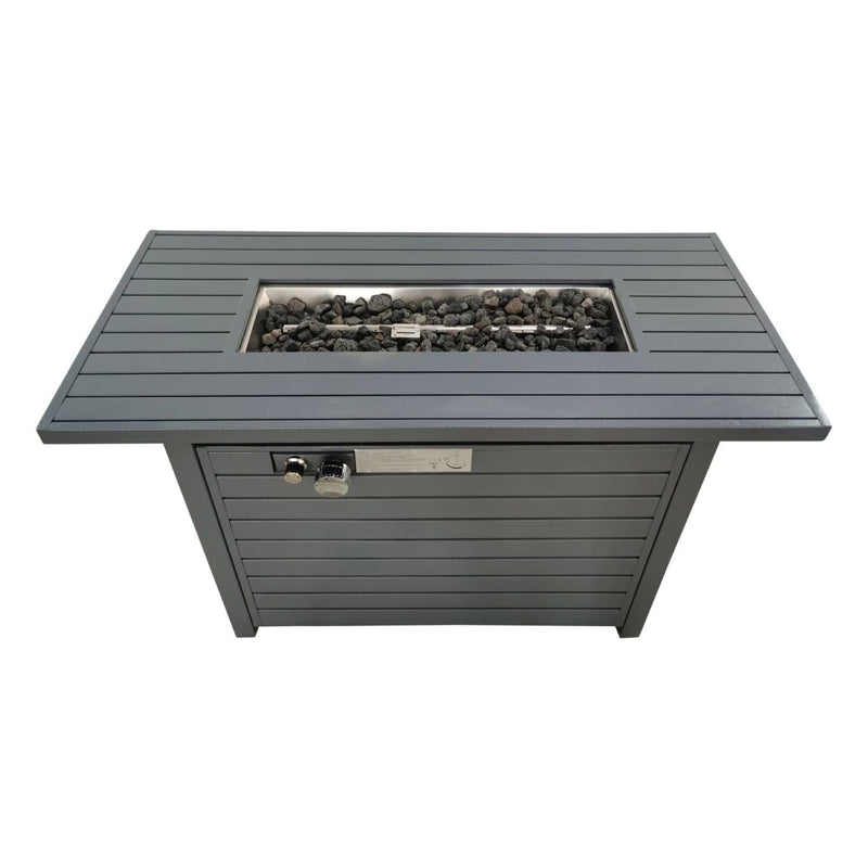 Gray propane outdoor fire pit table with lid, LSI Patio Furniture, featuring a modern design and a spacious top surface.
