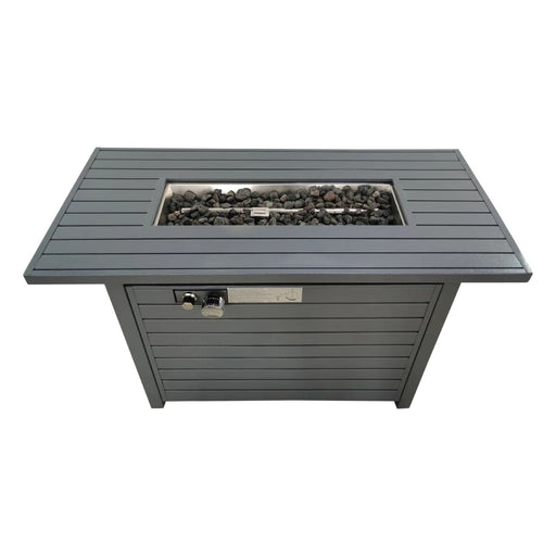 Gray propane outdoor fire pit table with lid, LSI Patio Furniture, featuring a modern design and a spacious top surface.