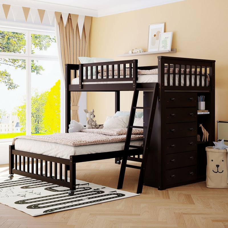 DreamHaus bunk bed with six drawers, flexible shelves, and a bottom bed on wheels, ideal for space-saving bedroom storage.
