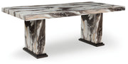 Jesgina dining table by Signature Design Ashley, dark brown wood with beige accents, shown in a modern dining room setting.