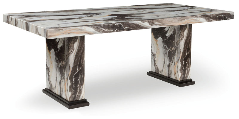 Jesgina dining table by Signature Design Ashley, dark brown wood with beige accents, shown in a modern dining room setting.