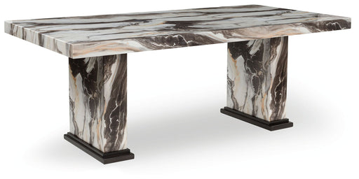 Jesgina dining table by Signature Design Ashley, dark brown wood with beige accents, shown in a modern dining room setting.
