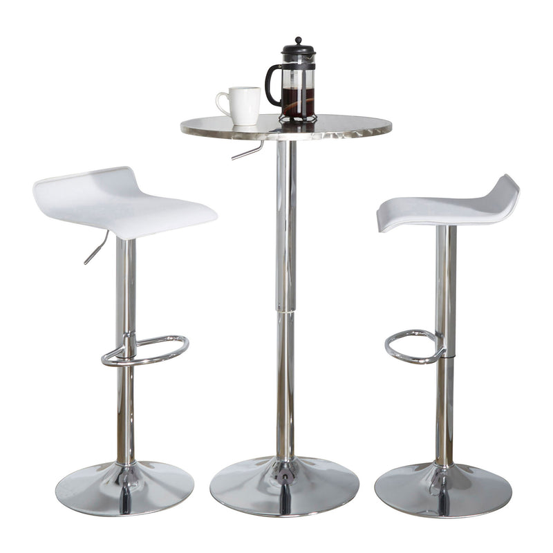 Lumi Source 3-piece bistro bar set with round table and adjustable oval footrests, ideal for contemporary dining spaces.