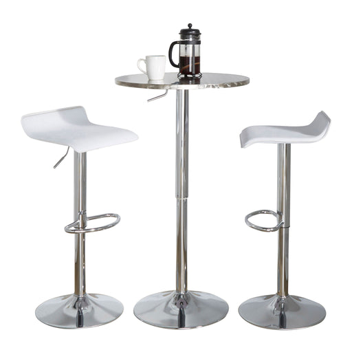 Lumi Source 3-piece bistro bar set with round table and adjustable oval footrests, ideal for contemporary dining spaces.