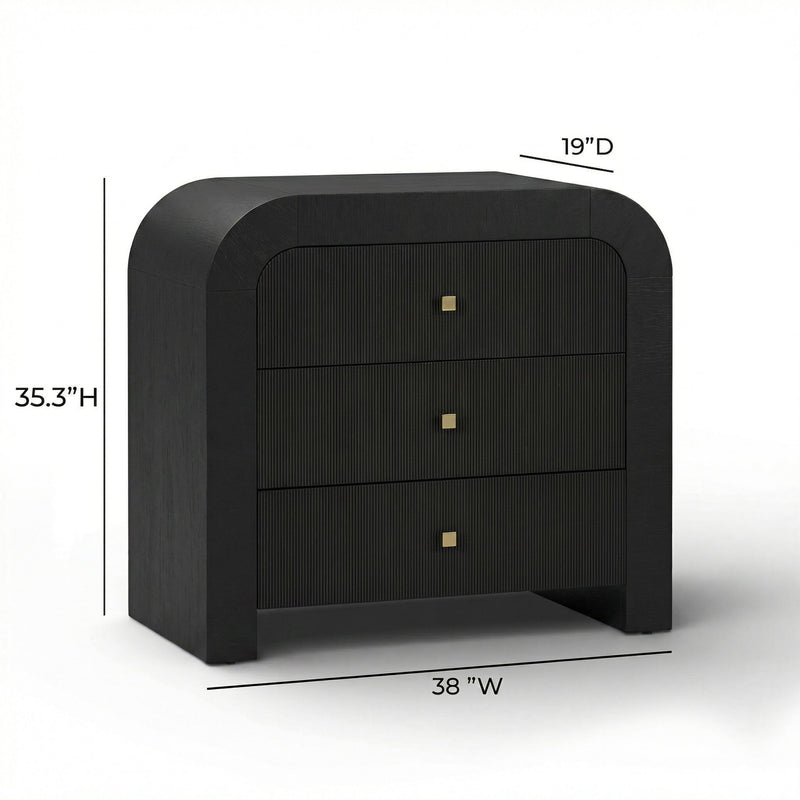 TOV Furniture Hump bedside chest with wood finish, featuring a modern design, drawer handles, and compact storage space.
