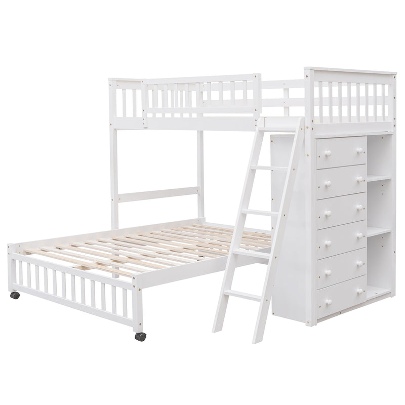 DreamHaus bunk bed with six drawers, flexible shelves, and a bottom bed on wheels, ideal for space-saving bedroom storage and sleeping.