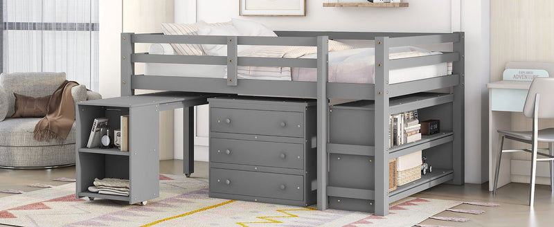DreamHaus loft low study bed with built-in cabinet, shelves, and rolling desk, combining sleeping and workspace in a compact design.