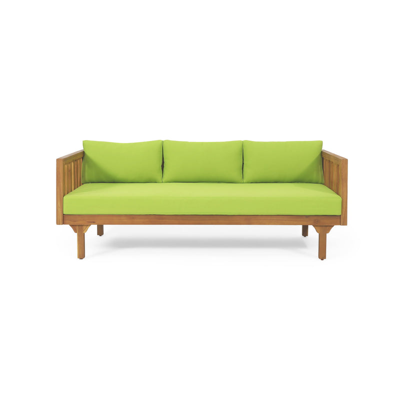 Noble House Claremont 3-seater teak acacia wood daybed sofa with water-resistant cushions, outdoor furniture for relaxing spaces.