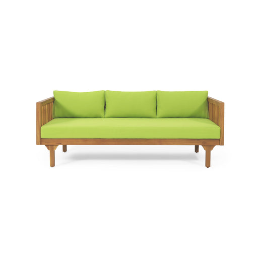 Noble House Claremont 3-seater teak acacia wood daybed sofa with water-resistant cushions, outdoor furniture for relaxing spaces.