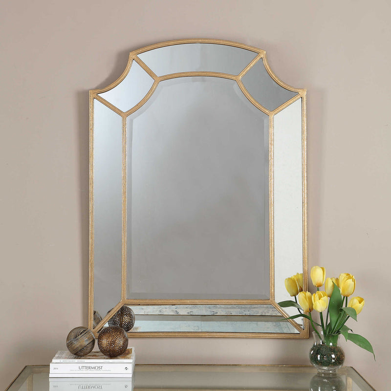 Gold wall mirror with a sleek arch design by Uttermost, featuring a stylish and modern Francoli - Arch Mirror.