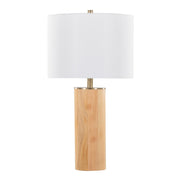 Contemporary Ash Cylinder Table Lamp by Lumi Source with antique brass base and white lampshade on a table.