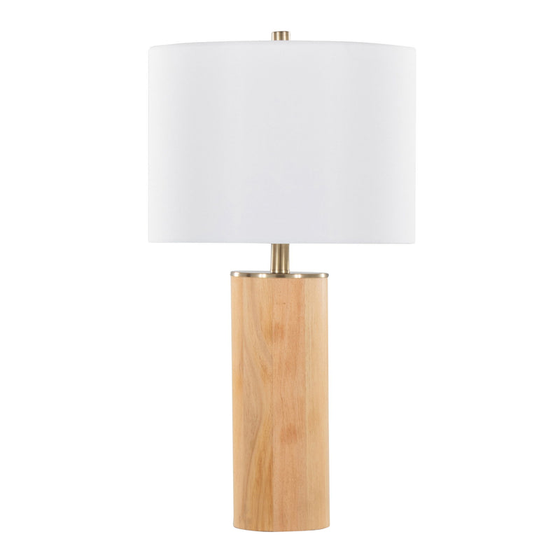 Contemporary Ash Cylinder Table Lamp by Lumi Source with antique brass base and white lampshade on a table.
