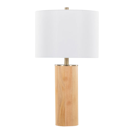 Contemporary Ash Cylinder Table Lamp by Lumi Source with antique brass base and white lampshade on a table.