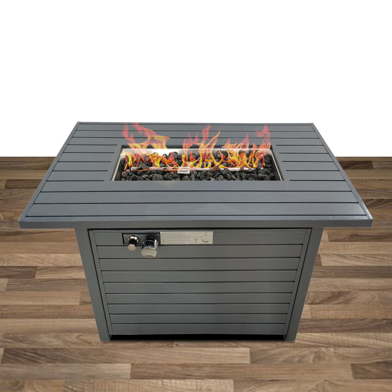 Gray propane outdoor fire pit table with lid by LSI Patio Furniture, featuring a sleek design and sturdy construction.