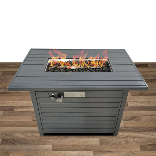 Gray outdoor fire pit table with lid, durable construction, ideal for outdoor patios, by LSI Patio Furniture.