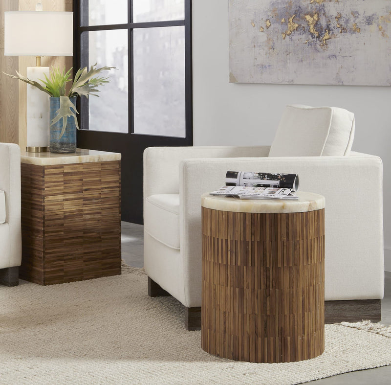 One Stone Wood Tile End Table in Onyx and Solid Teak