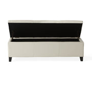 Noble House Glouster contemporary storage ottoman with upholstered top and storage space, in a modern living room setting.