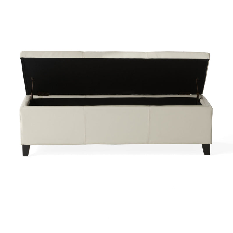 Noble House Glouster contemporary storage ottoman with upholstered top and storage space, in a modern living room setting.