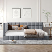 DreamHaus gray full size upholstered mid-century modern daybed sofa bed frame with elegant design and clean lines.