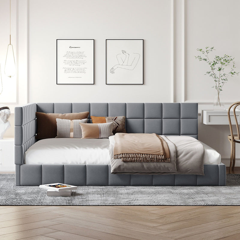 DreamHaus gray full size upholstered mid-century modern daybed sofa bed frame with elegant design and clean lines.