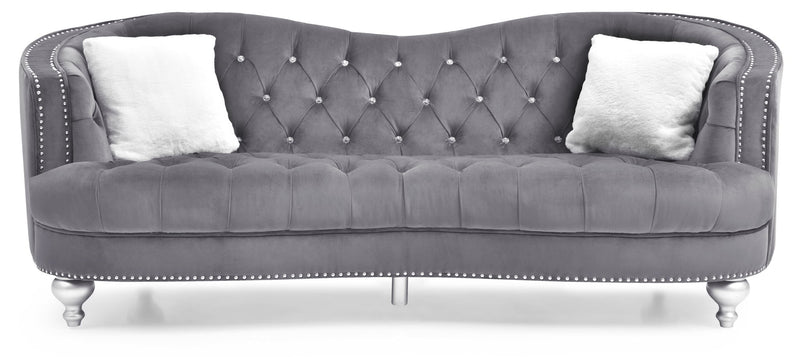 Glory Furniture Jewel stationary sofa with plush cushions and modern design, shown in a cozy living room setting.