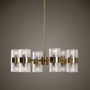 Uttermost Marinot 12-Light Gold Chandelier with elegant hanging glass shades and a polished gold finish.