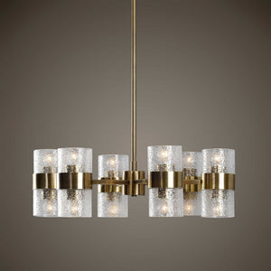 Uttermost Marinot 12-Light Gold Chandelier with elegant hanging glass shades and a polished gold finish.