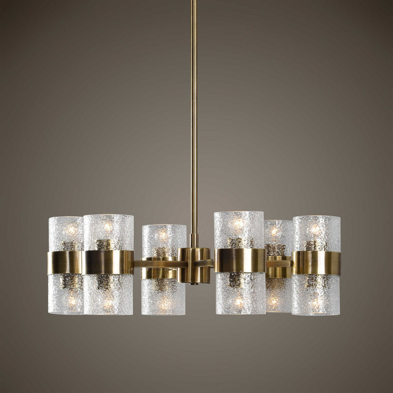 Uttermost Marinot 12-Light Gold Chandelier with elegant hanging glass shades and a polished gold finish.