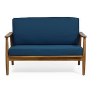 Outdoor acacia wood loveseat and coffee table set from Noble House, featuring a cozy two-piece outdoor furniture arrangement with natural wood finish.