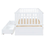 DreamHaus storage daybed with fence guardrails, two drawers, shown split into a floor bed and daybed, made of sturdy wood.