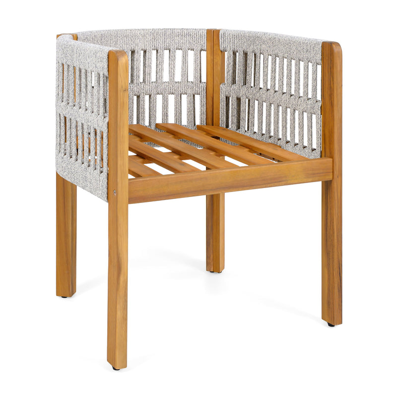 Set of two Noble House outdoor dining chairs with woven rope handles and sturdy frames, perfect for patio or garden seating.