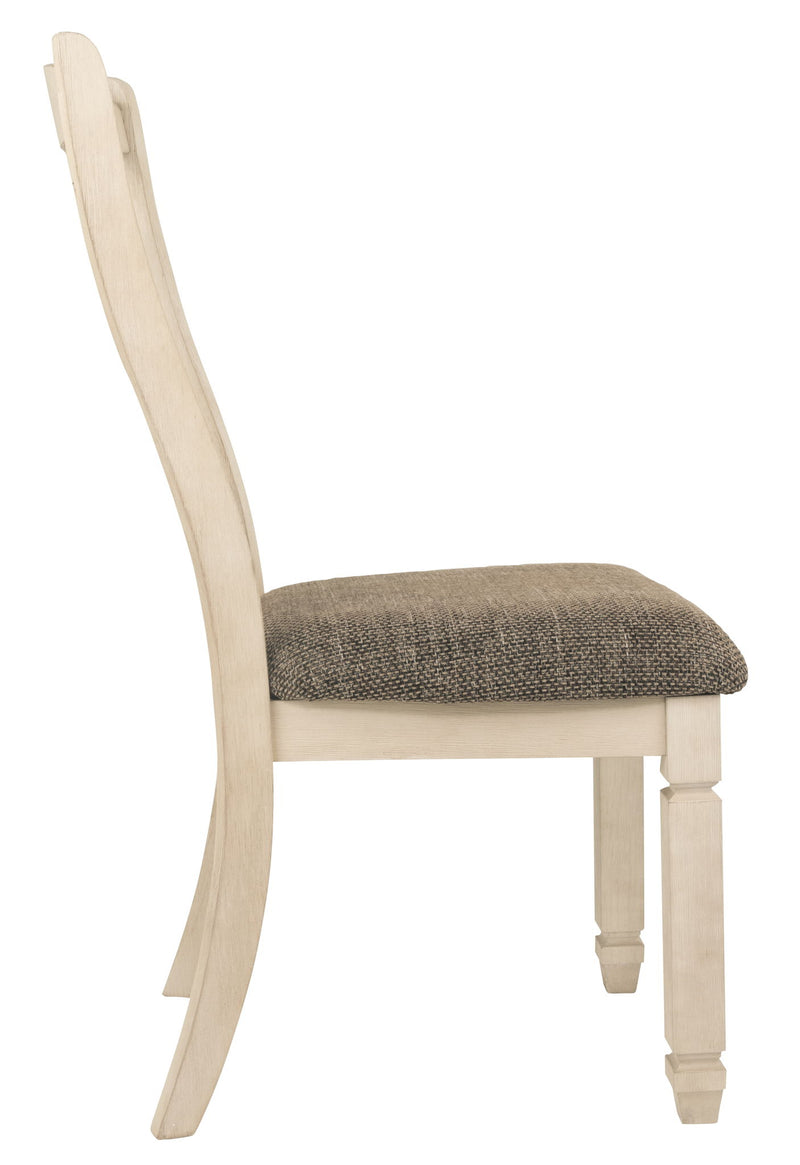Set of two Bolanburg dining UPH side chairs with rake back in brown and beige by Signature Design, showing the upholstered seats and wooden frames.