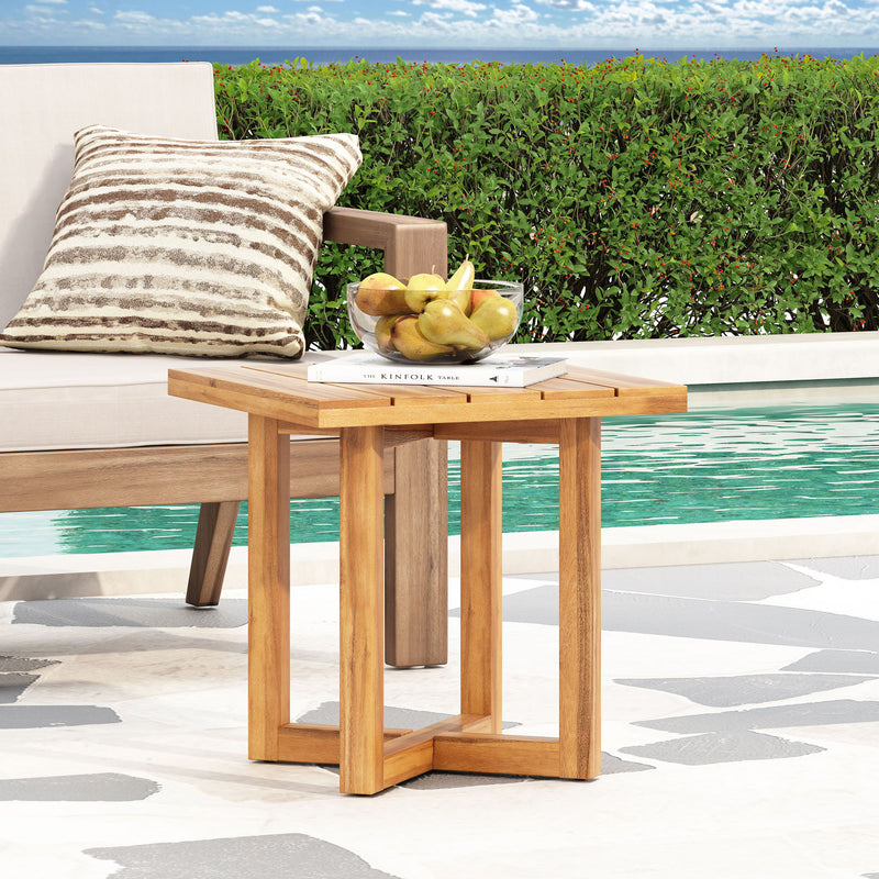Noble House Ella square side table with cross stretcher base, featuring a sleek wooden top and modern design.