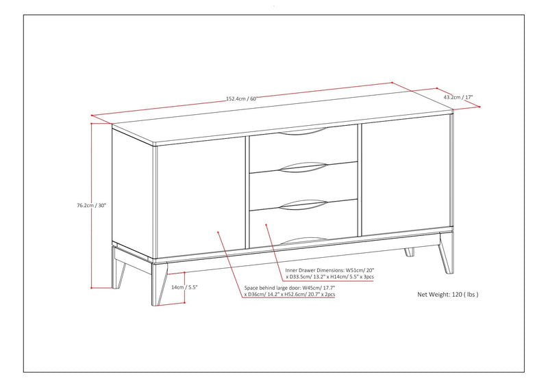 Simpli-Home Harper sideboard buffet with wooden finish, featuring multiple drawers and cabinet doors for storage.