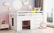 DreamHaus loft bed with integrated cabinet and shelf, featuring a sturdy wooden frame and space-saving design.