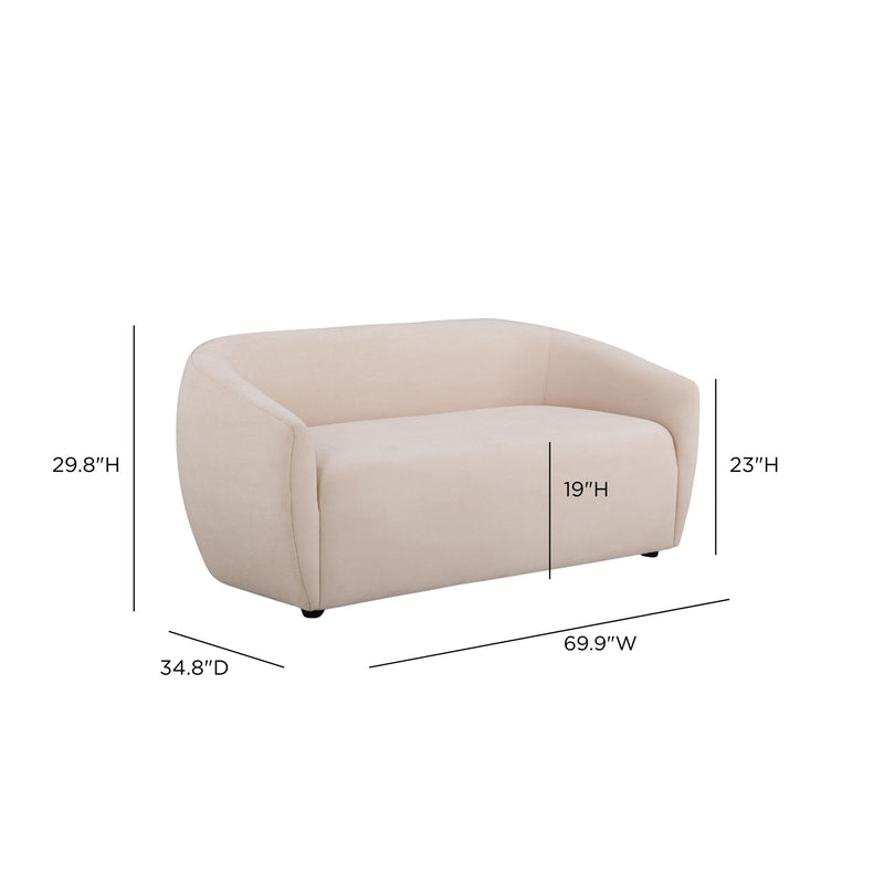 TOV Furniture Jordan stationary loveseat with plush cushions and modern design, beige fabric upholstery, and wooden legs.