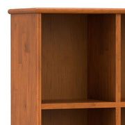 Simpli-Home Draper handcrafted low cube bookcase with multiple compartments for storage and display.