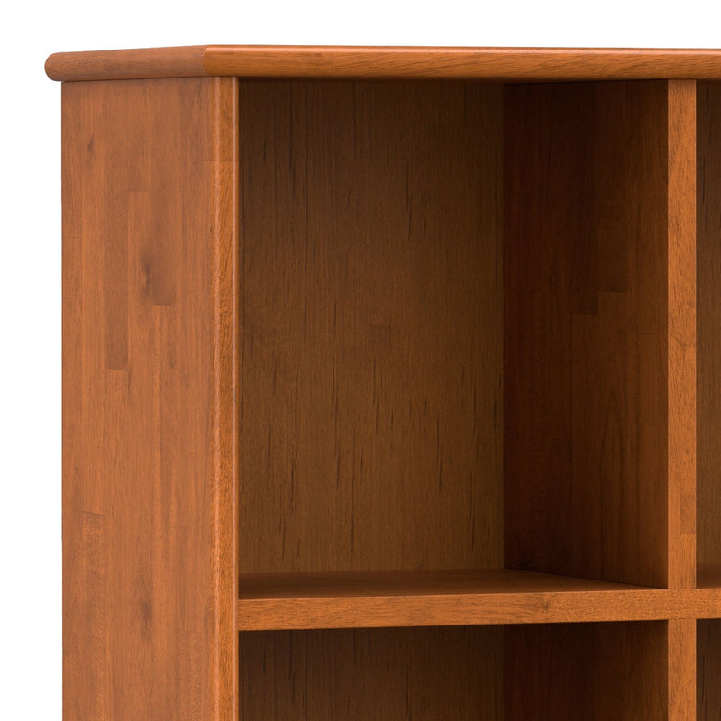 Simpli-Home Draper handcrafted low cube bookcase with multiple compartments for storage and display.